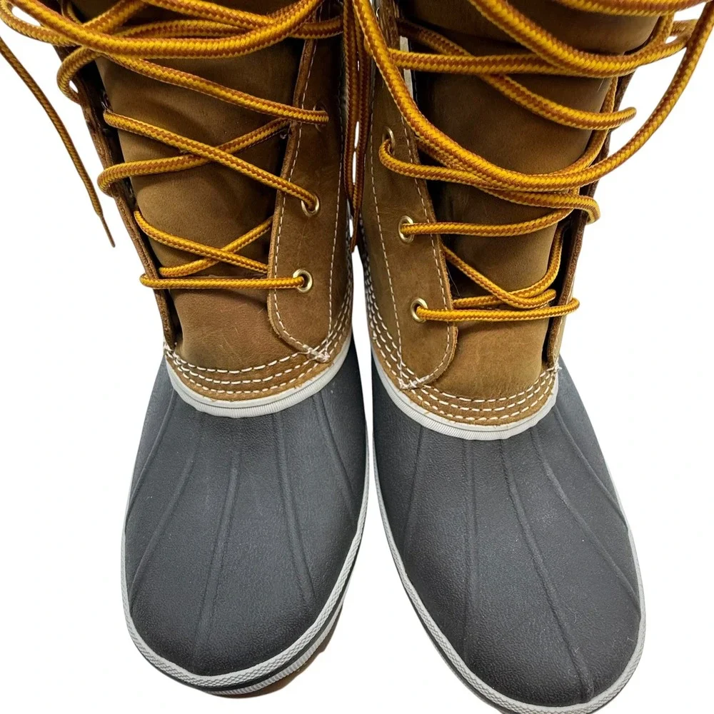 Eddie Bauer Hunt Pac Mid Duck Boots Tan Brown Leather Wool Blend Trim Mens 12